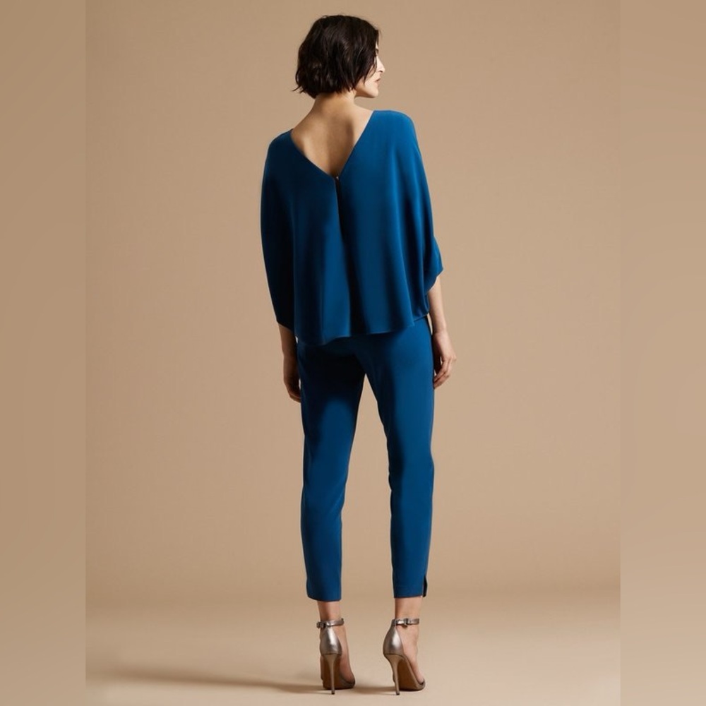 Halston Heritage Drape Sleeve Tapered Long Crepe Jumpsuit in Teal, size 14 - Picture 5 of 11